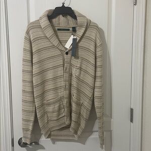 Perry Ellis Beige Striped Zip Up Sweater